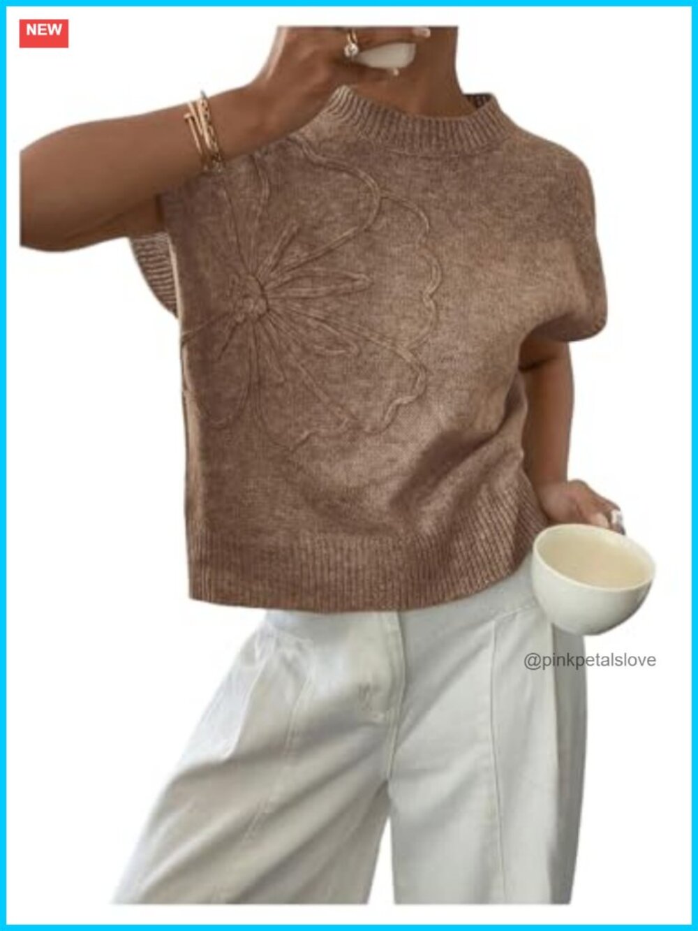 Womens Short Sleeve Ribbed Knit Sweater 3D Floral Loose Fit Pullover